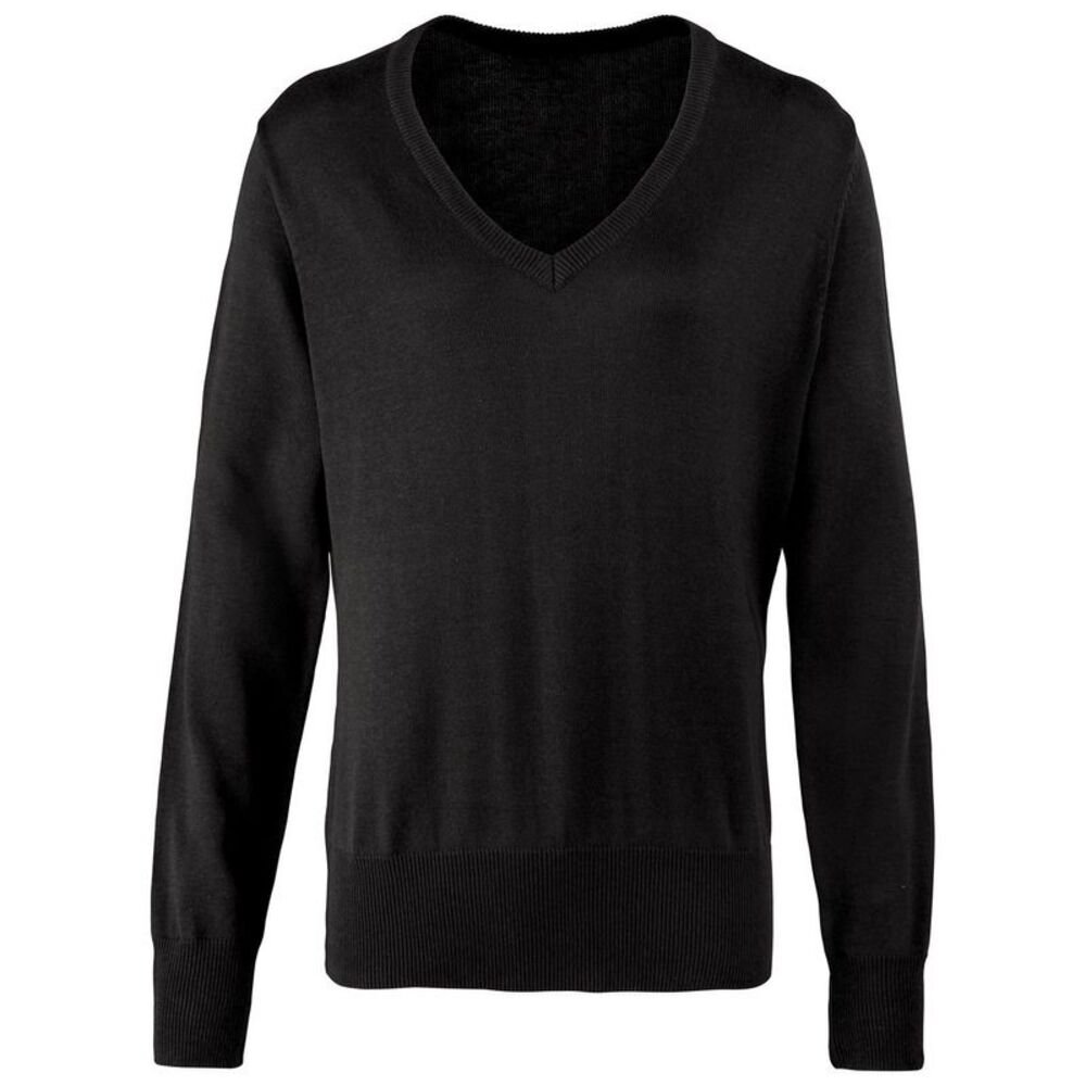 Premier Womens/Ladies Knitted Cotton Acrylic V Neck Sweatshirt / Black
